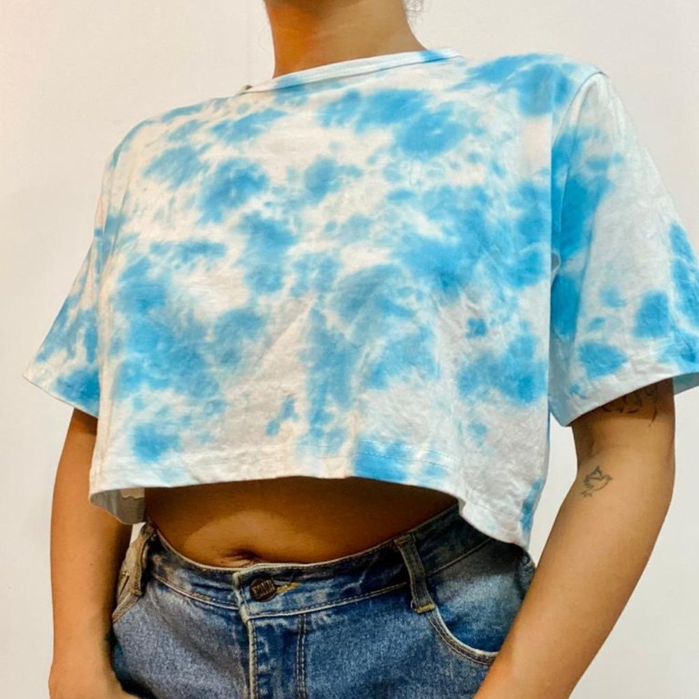 Blue Dots Tie Dye Cotton Crop Top - Picture 1 of 4